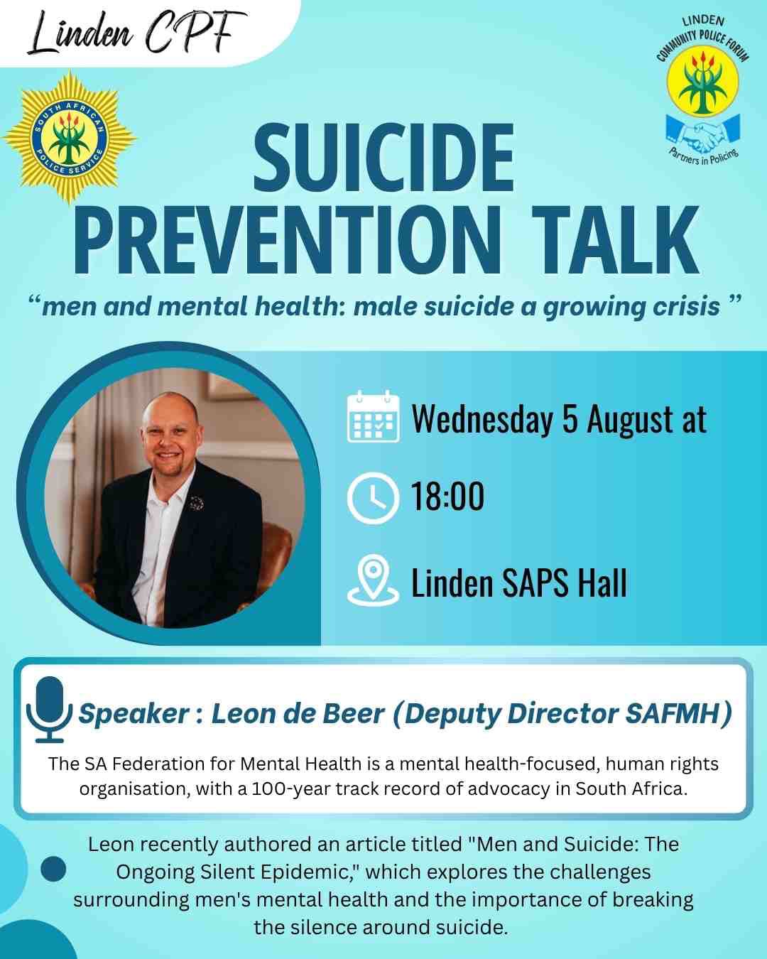 Wednesday 5 August: Suicide Prevention Talk
